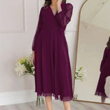 Mor Balon Kol Kruvaze Midi Boy Şifon Elbise