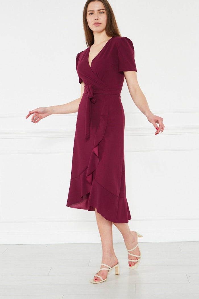 Mürdüm Kısa Karpuz Kol Kruvaze Kuşaklı Büyük Beden Elbise - Elbise Delisi