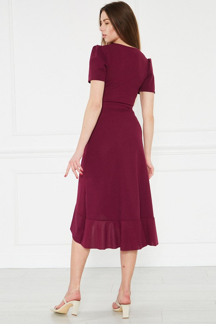 Mürdüm Kısa Karpuz Kol Kruvaze Kuşaklı Büyük Beden Elbise - Elbise Delisi