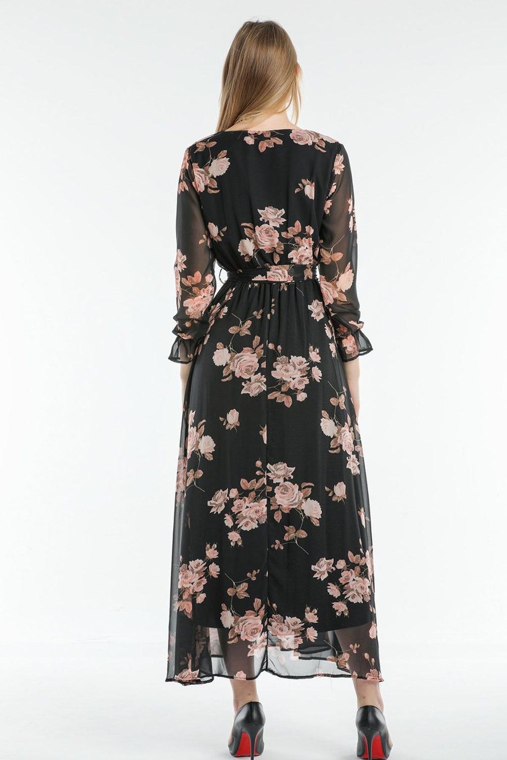 Beli Lastikli Pembe Gül Desenli Kruvaze Yaka Şifon Büyük Beden Elbise Arkadan 