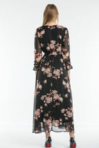 Beli Lastikli Pembe Gül Desenli Kruvaze Yaka Şifon Büyük Beden Elbise Arkadan 