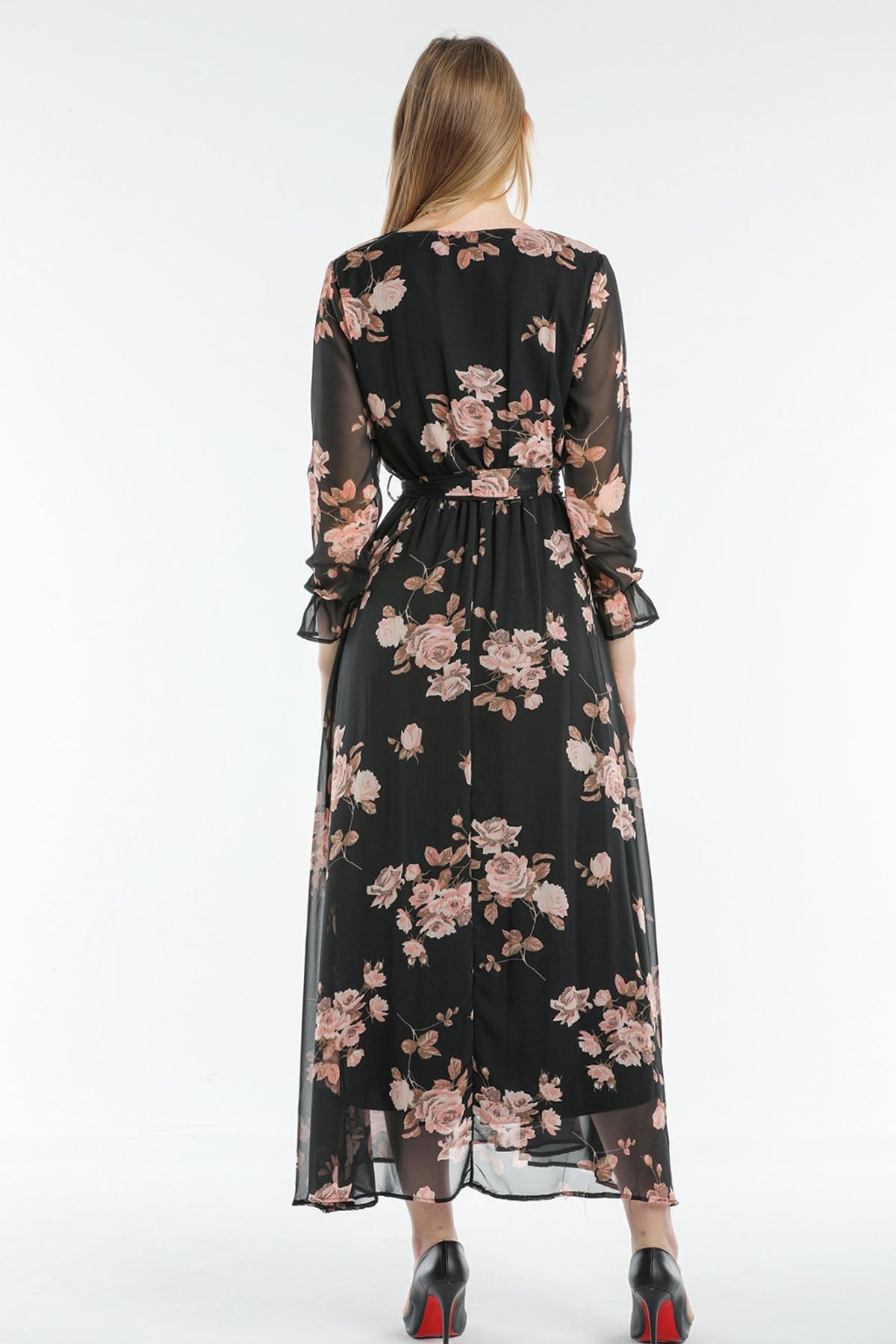 Beli Lastikli Pembe Gül Desenli Kruvaze Yaka Şifon Büyük Beden Elbise Arkadan 