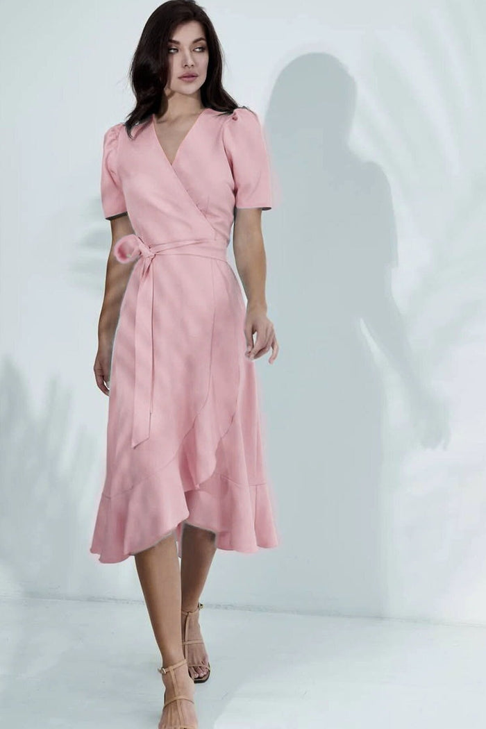 Pudra Kısa Karpuz Kol Kruvaze Kuşaklı Büyük Beden Elbise - Elbise Delisi