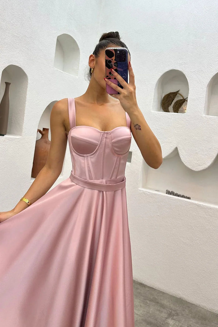 Pudra Midi Boy Arkadan Bağlamalı Gloplu Abiye,Balo,Mezuniyet Elbisesi - Elbise Delisi