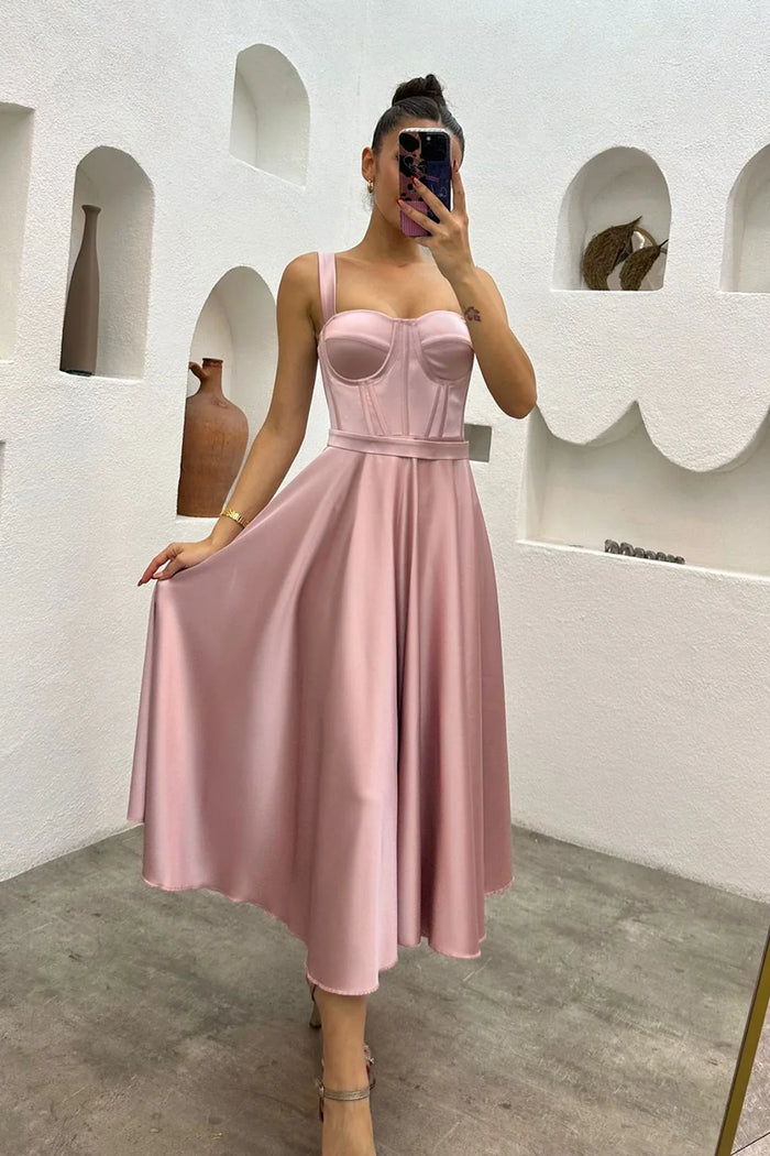 Pudra Midi Boy Arkadan Bağlamalı Gloplu Abiye,Balo,Mezuniyet Elbisesi - Elbise Delisi