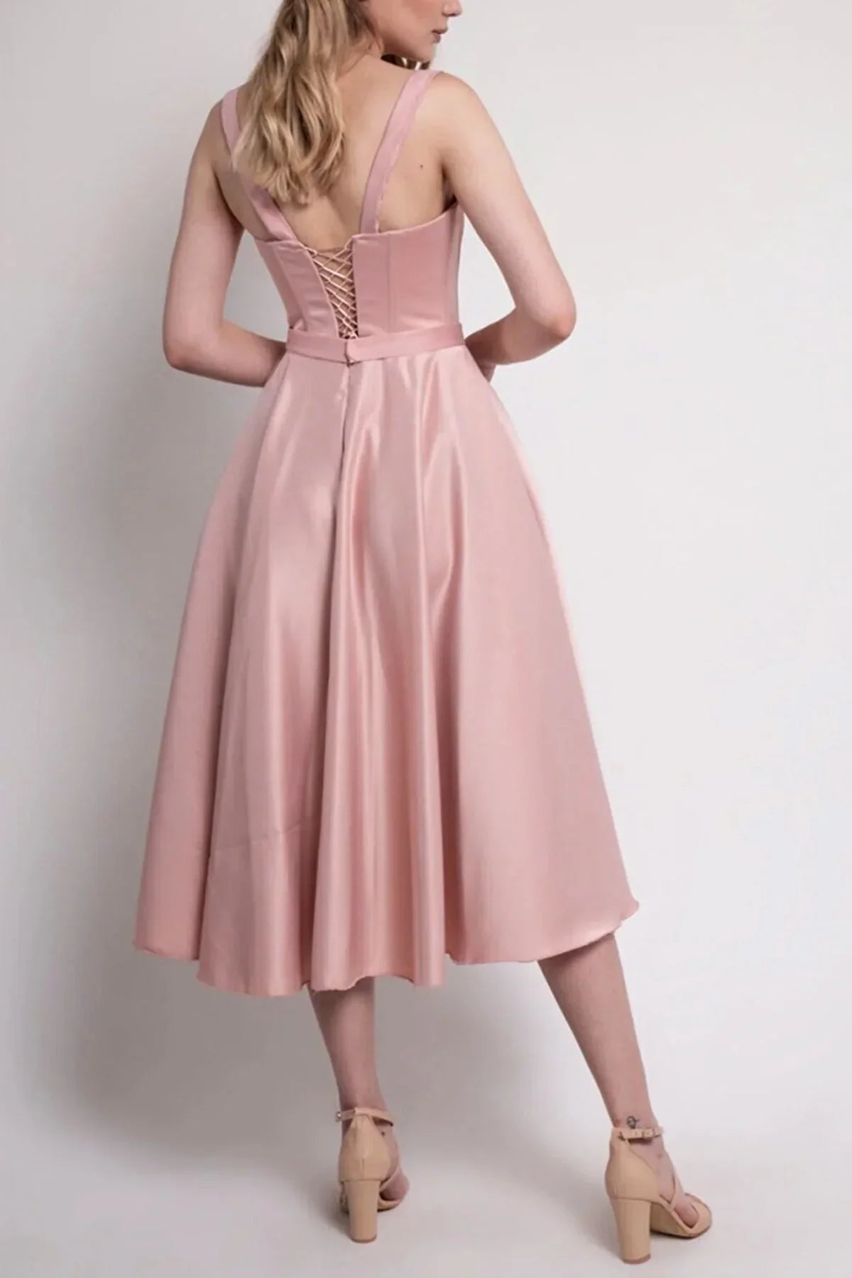 Pudra Midi Boy Arkadan Bağlamalı Gloplu Abiye,Balo,Mezuniyet Elbisesi - Elbise Delisi