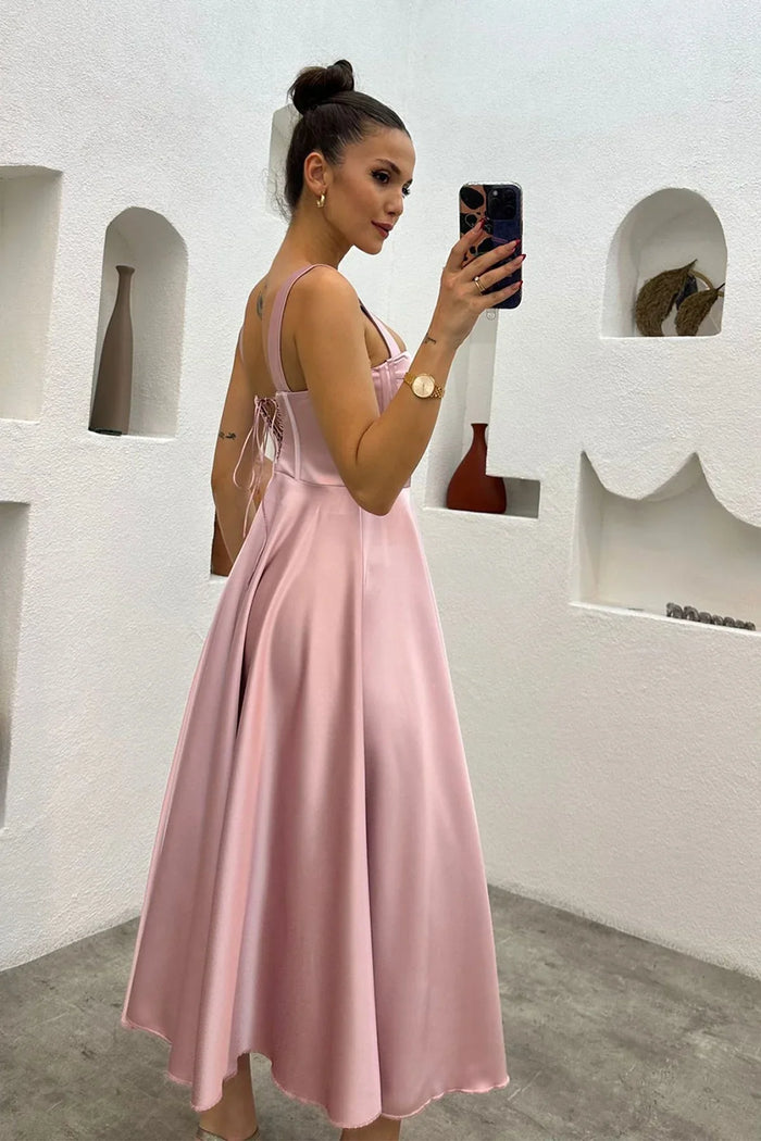 Pudra Midi Boy Arkadan Bağlamalı Gloplu Abiye,Balo,Mezuniyet Elbisesi - Elbise Delisi