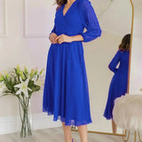 Saks Balon Kol Kruvaze Midi Boy Şifon Elbise