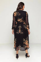 Arka duruş uzun kollu desenli şifon uzun boy elbise büyük beden davet için