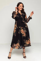 Kuşaklı beli lastikli uzun kollu sarı çiçek desenli şifon günlük elbise büyük beden 