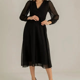 Siyah Balon Kol Kruvaze Midi Boy Şifon Elbise