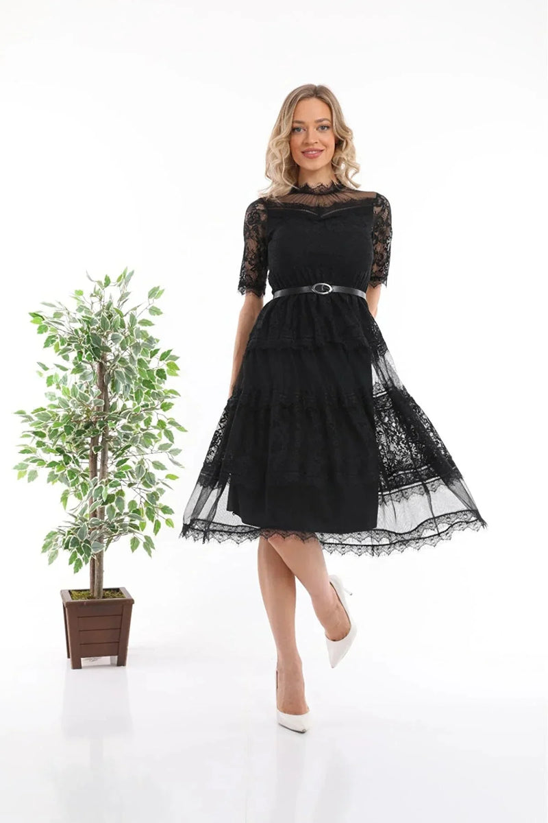 Siyah Kısa Kol Güpürlü Abiye Elbise - Elbise Delisi