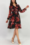 Siyah Nar Çiçeği Kruvaze Yaka Şifon Büyük Beden Kısa Elbise