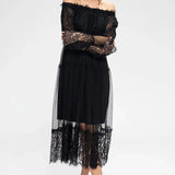 Siyah Tül Carmen Yaka Madonna Güpür Elbise