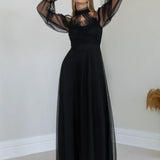 Siyah Tül Drapeli Büyük Beden Abiye Elbise