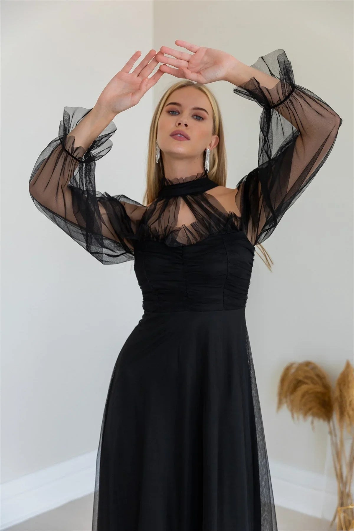 Siyah Tül Drapeli Büyük Beden Abiye Elbise - Elbise Delisi