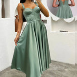 Su Yeşili Midi Boy Arkadan Bağlamalı Gloplu Abiye,Balo,Mezuniyet Elbisesi