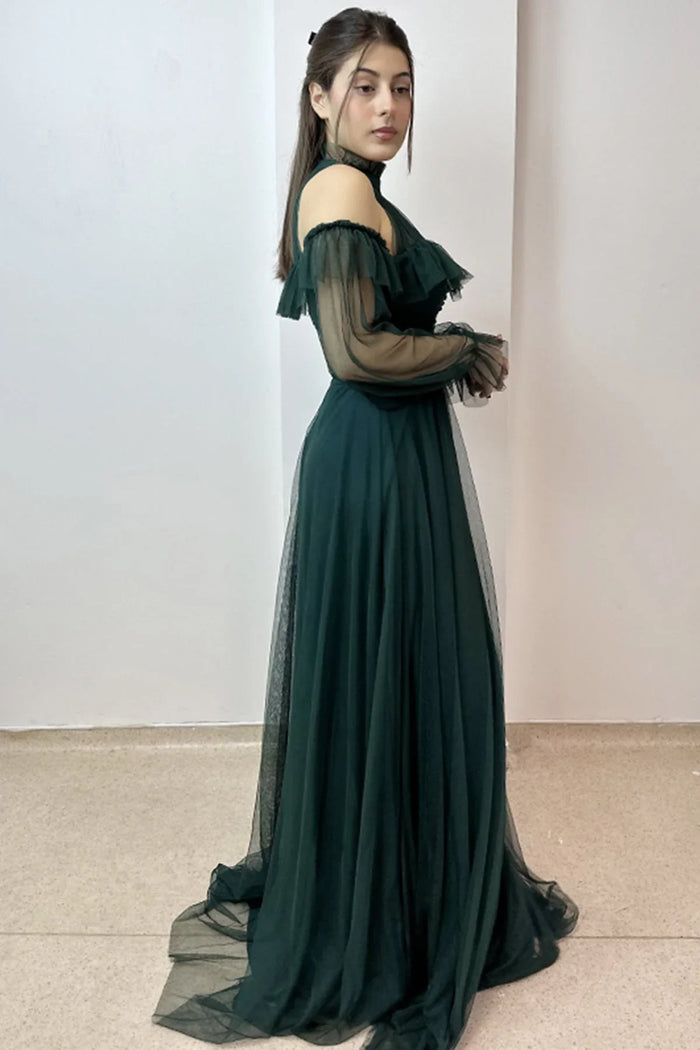 Zümrüt Yeşili Tül Drapeli Büyük Beden Abiye Elbise - Elbise Delisi