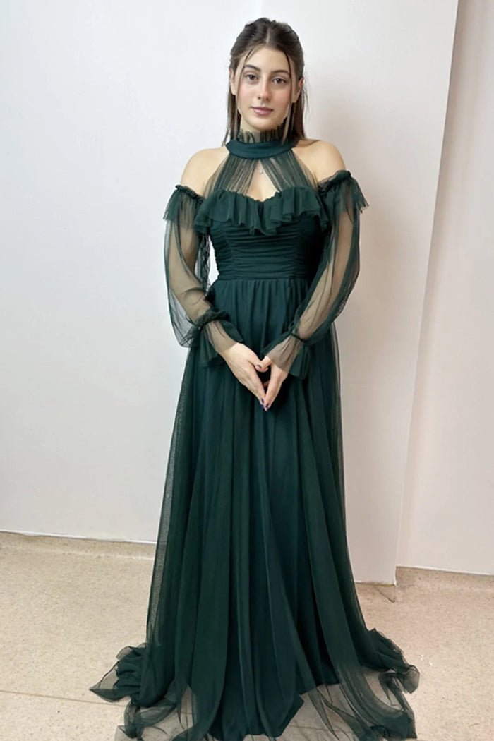 Zümrüt Yeşili Tül Drapeli Büyük Beden Abiye Elbise - Elbise Delisi
