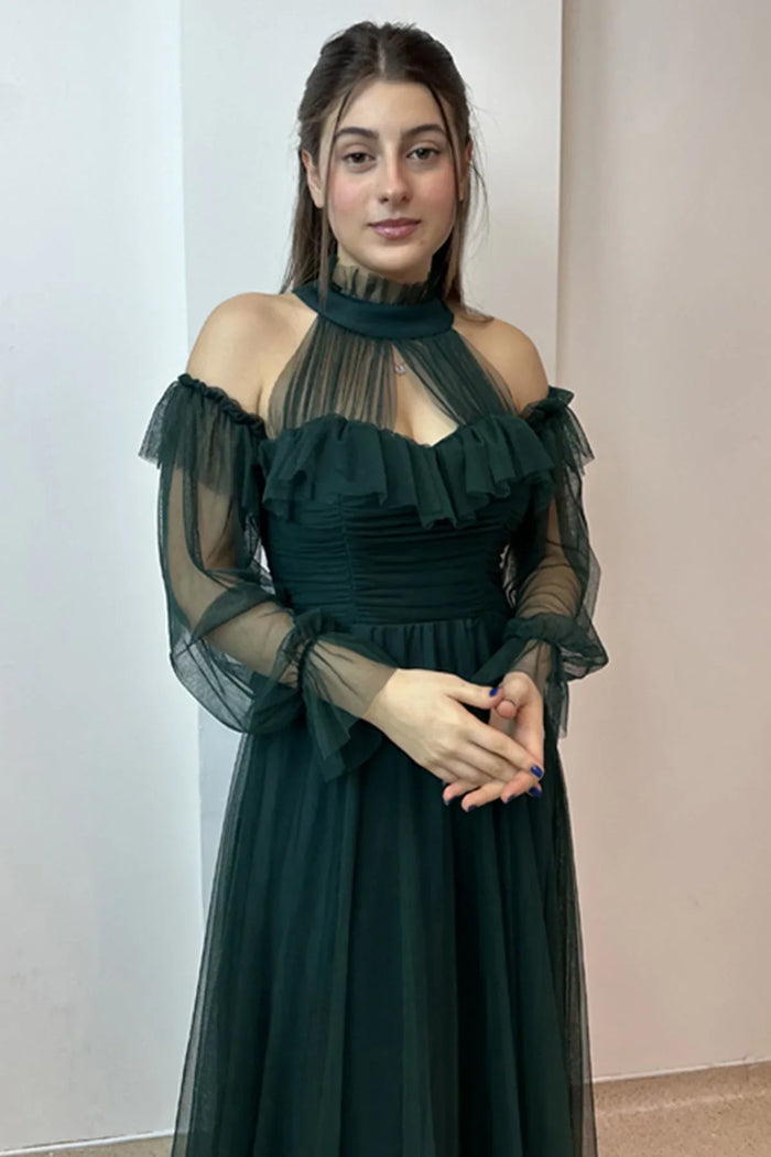 Zümrüt Yeşili Tül Drapeli Büyük Beden Abiye Elbise - Elbise Delisi