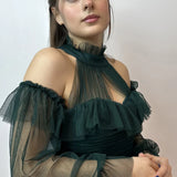 Yeşil Tül Drapeli Büyük Beden Abiye Elbise