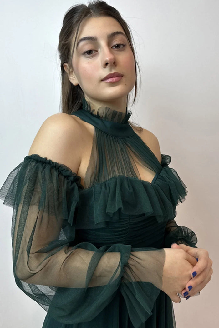 Zümrüt Yeşili Tül Drapeli Büyük Beden Abiye Elbise - Elbise Delisi